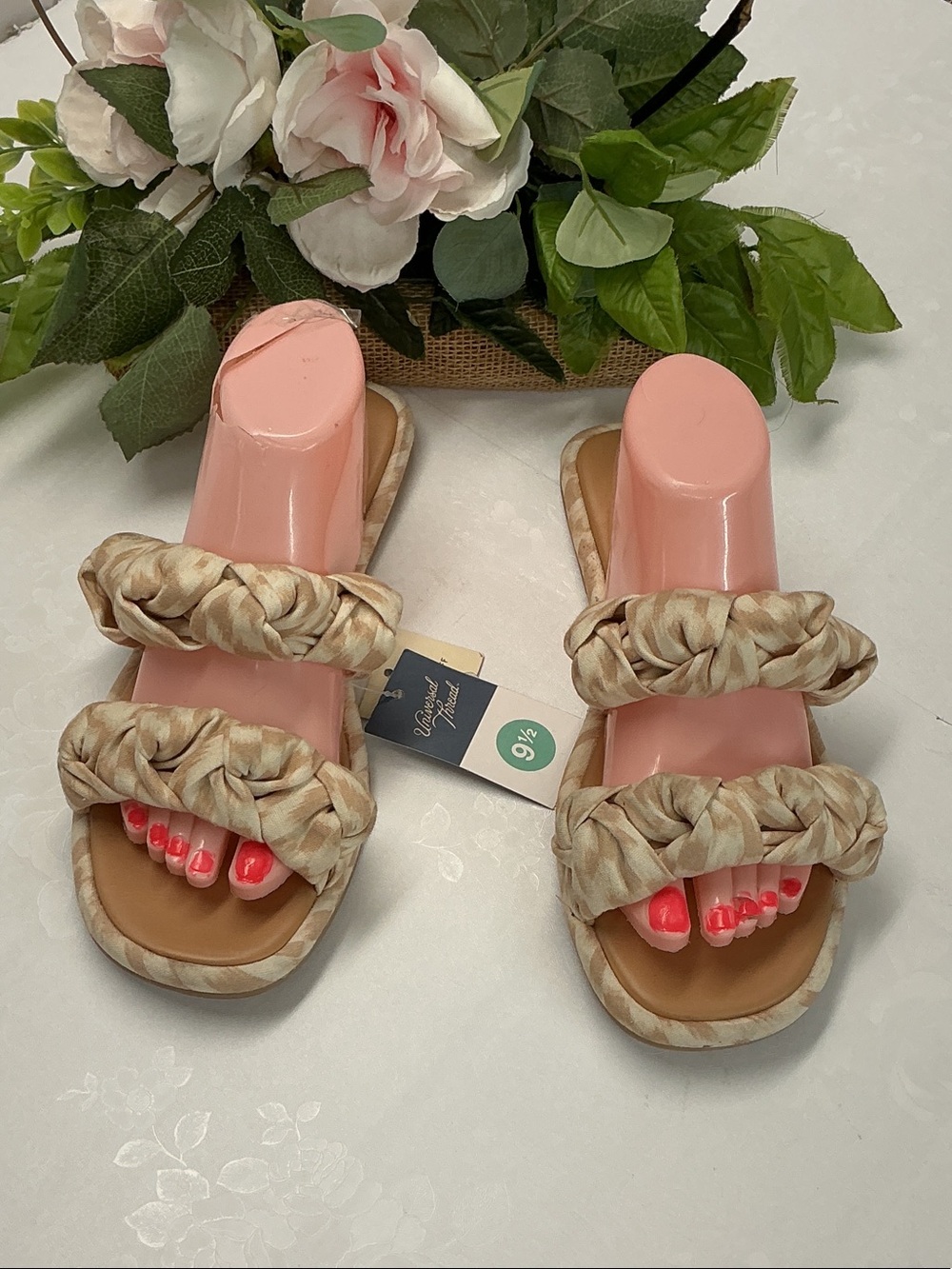 Braided Strap Slide Sandals in Beige - 9.5